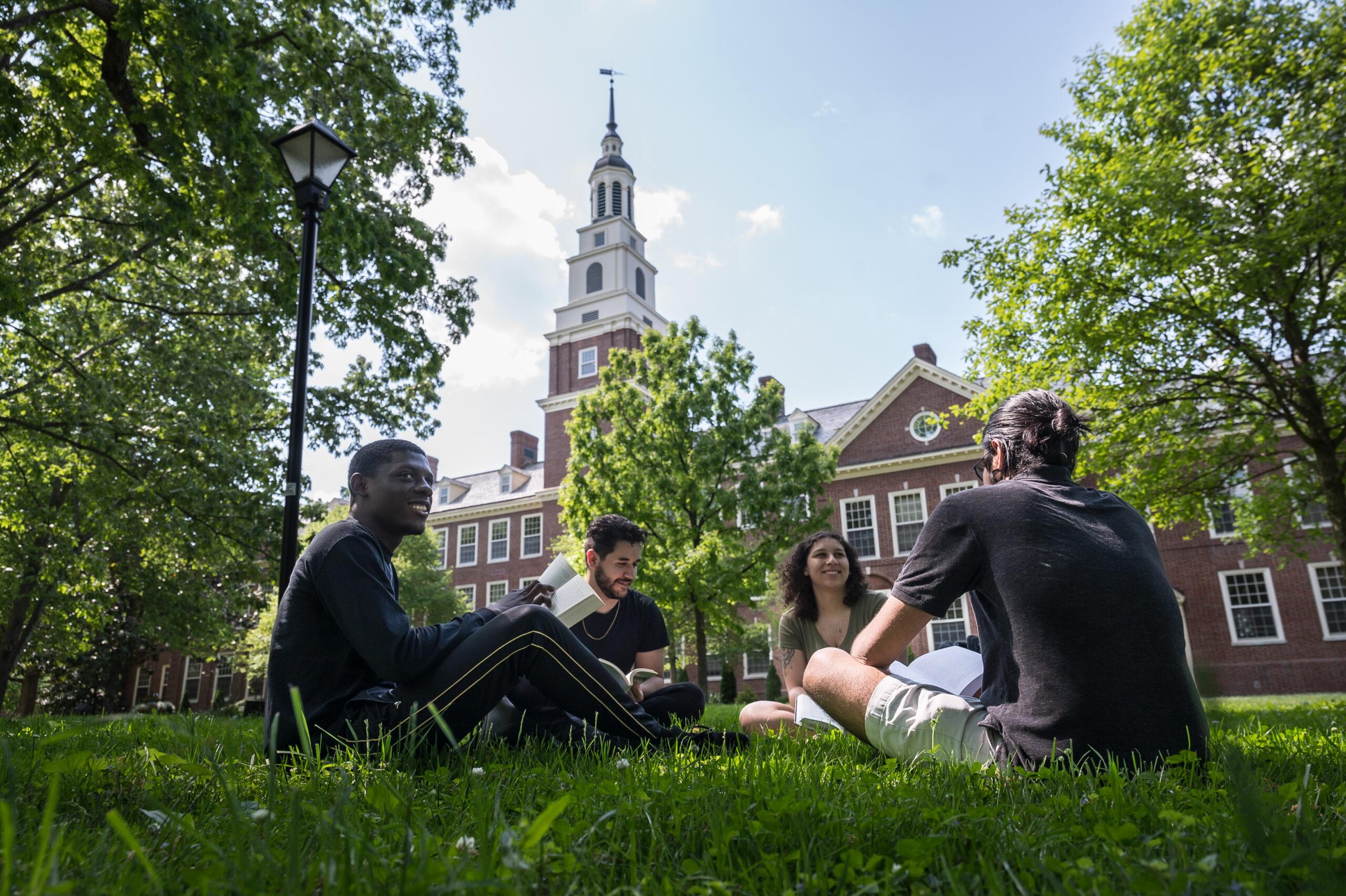 Berea College students sit outside the Draper building
